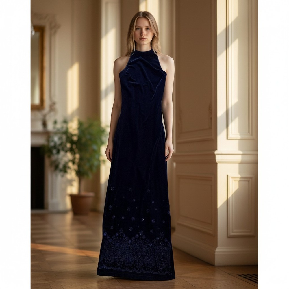 Rocket Candy Velvet Maxi Dress Womens Small‎ Navy Blue Glitter Floral Halter Y2K